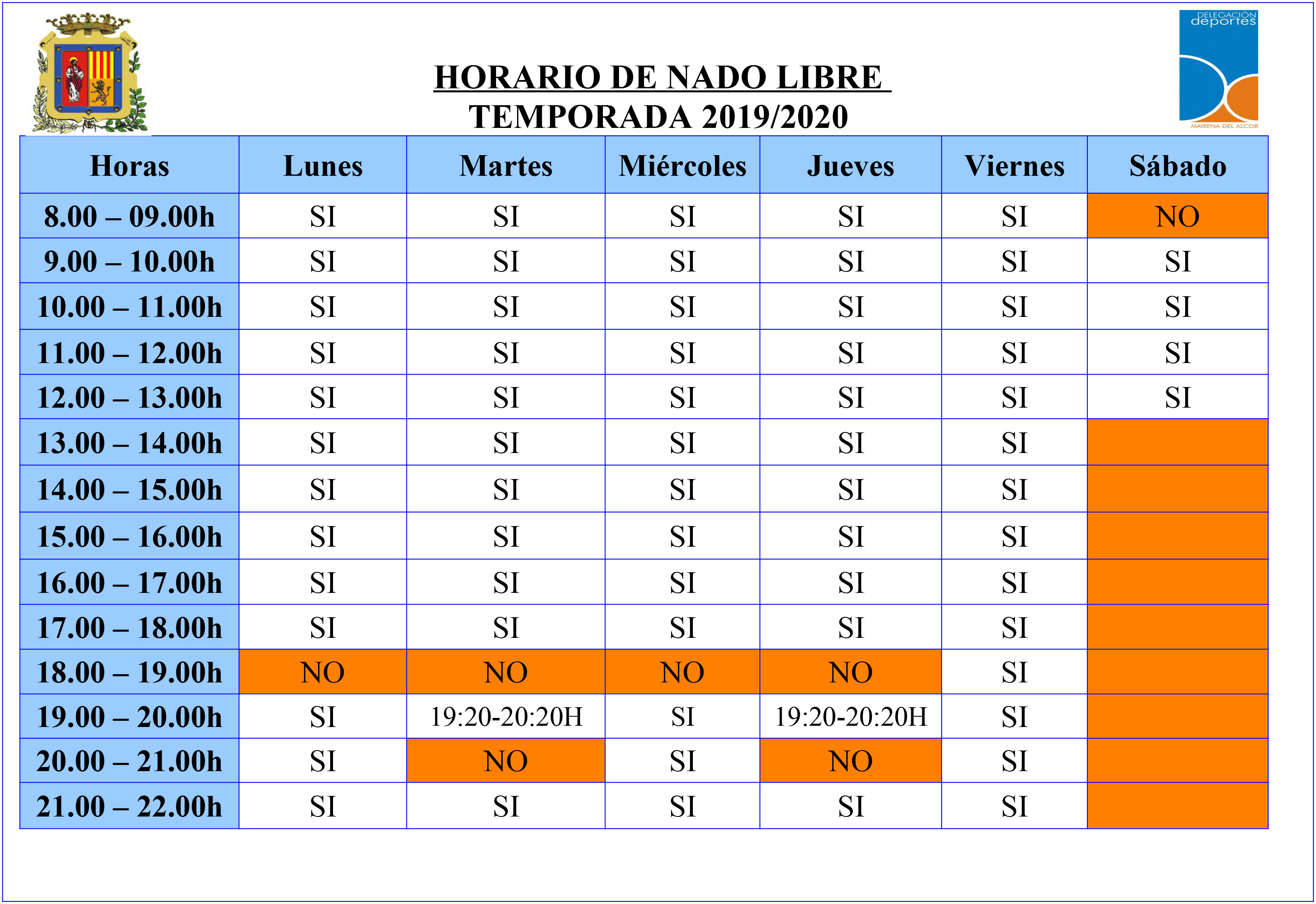 Horario Nado Libre 19-20