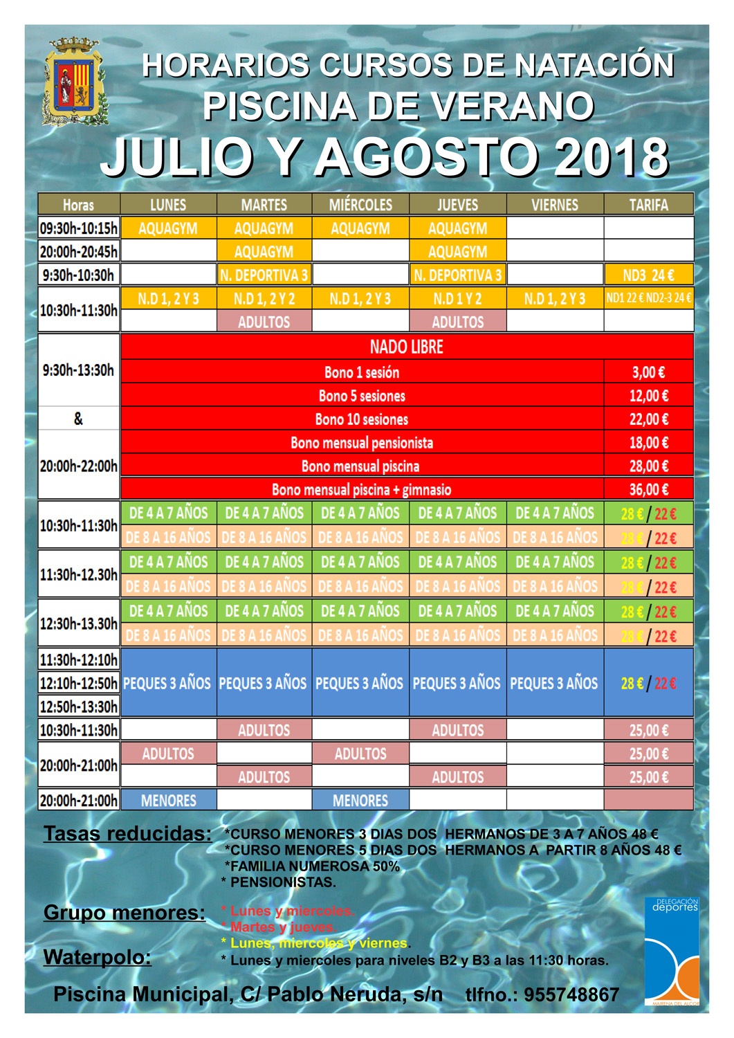 Horarios cursos de natación 2018