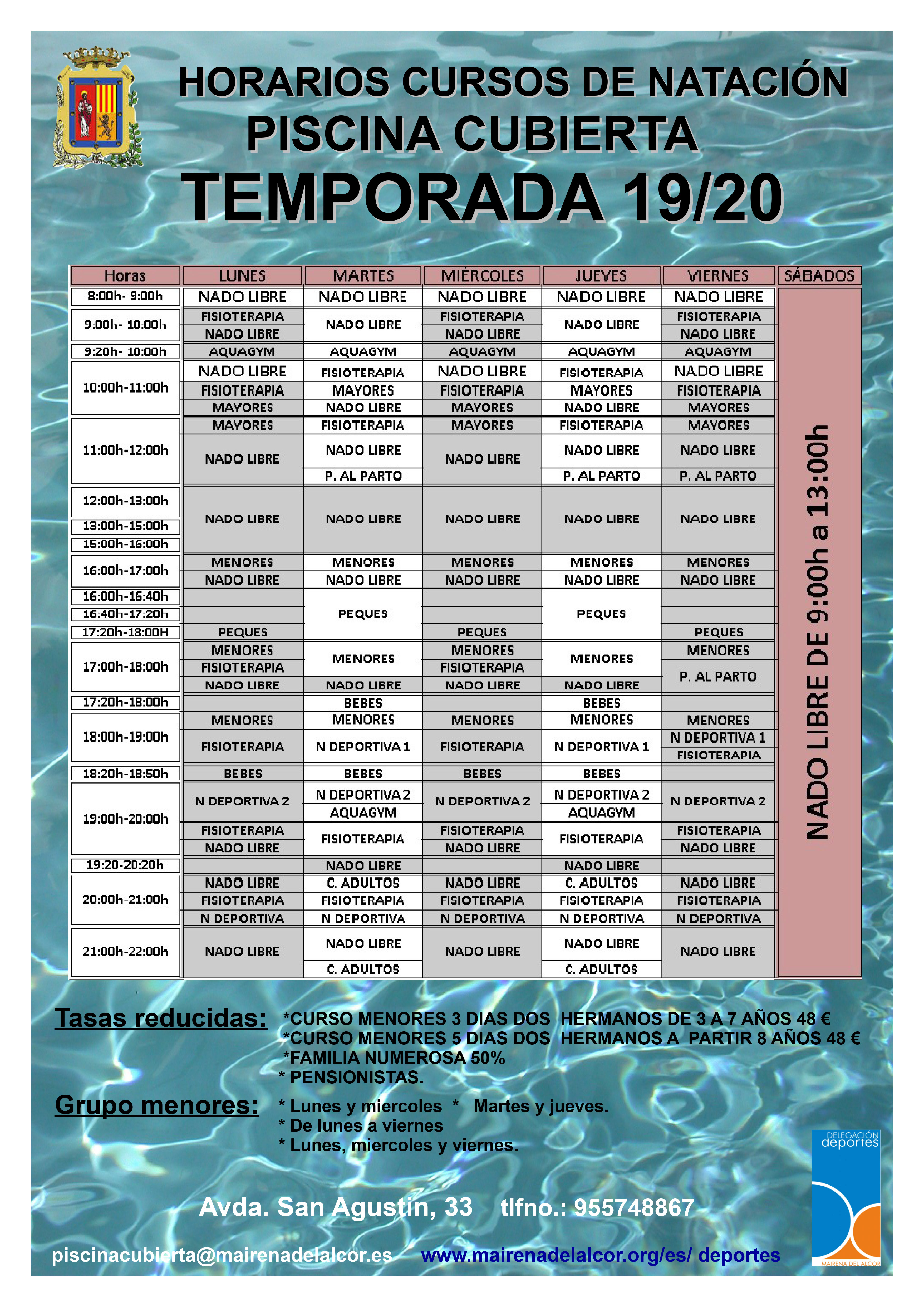 Horarios cursos de natación 2019-2020 noviembre